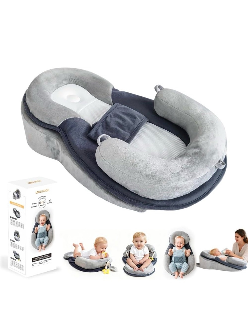 LOVE MAGE Baby Support Pillow Lounger & Feeding Cushion 4-in-1 Gray - Picture 3 of 5
